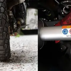 Neumático de moto con banda de rodadura agresiva y etiqueta que indica "M+S", aclarando que significa "Mud and Snow" (barro y nieve) en neumáticos.