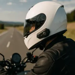 Motociclista con casco blanco y un intercomunicador moto legal, disfrutando de un viaje por carretera en un día soleado.