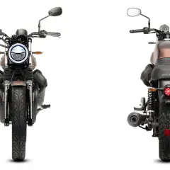 Dos vistas de modelos de moto Guzzi, una frontal y otra trasera, con detalles clásicos y modernos.
