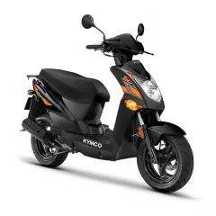 Ciclomotor Kymco negro con detalles naranjas, ideal para la ciudad. Su ciclomotor cilindrada ofrece agilidad y estilo.
