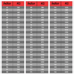 Tablas con índices y pesos (KG) para codigos velocidad neumaticos moto. Muestran la relación entre el índice de velocidad y la carga máxima en kilogramos.