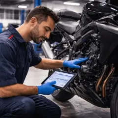 Mecánico revisa datos en tablet mientras examina un motor 4 tiempos que arranca y se para.