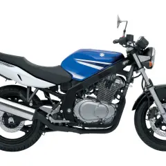 Suzuki GS 500 ficha técnica: moto deportiva azul y blanca, con motor bicilíndrico expuesto y escape cromado.