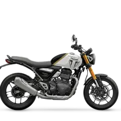 Triumph Speed 400 ficha técnica: moto estilo scrambler, blanca con detalles dorados y negros, horquilla dorada.