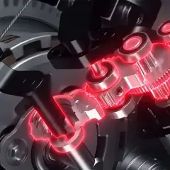 Mecanismo interno de un e clutch Honda, con engranajes y componentes metálicos iluminados en rojo.