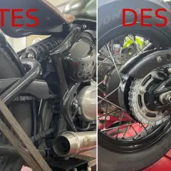 Comparativa de cómo limpiar la cadena de la moto. Antes, sucia y desgastada; después, reluciente y lista para rodar.