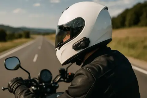 Motociclista con casco blanco y un intercomunicador moto legal, disfrutando de un viaje por carretera en un día soleado.