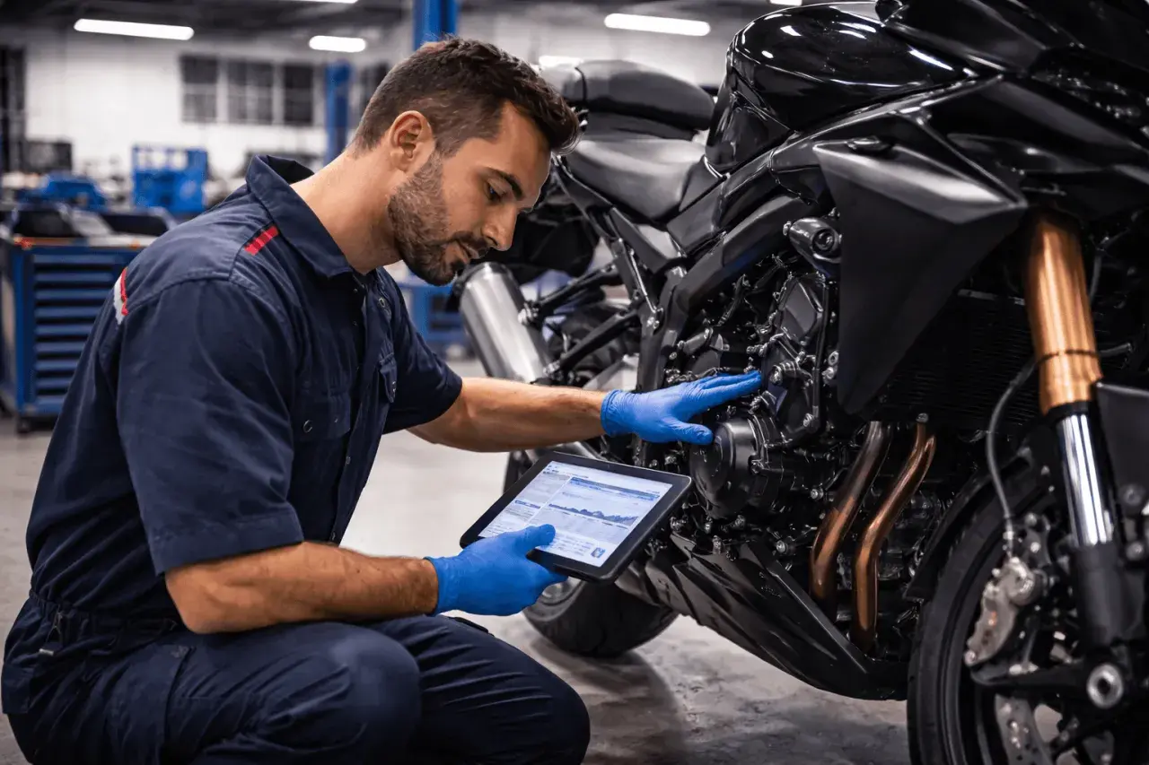 Mecánico revisa datos en tablet mientras examina un motor 4 tiempos que arranca y se para.