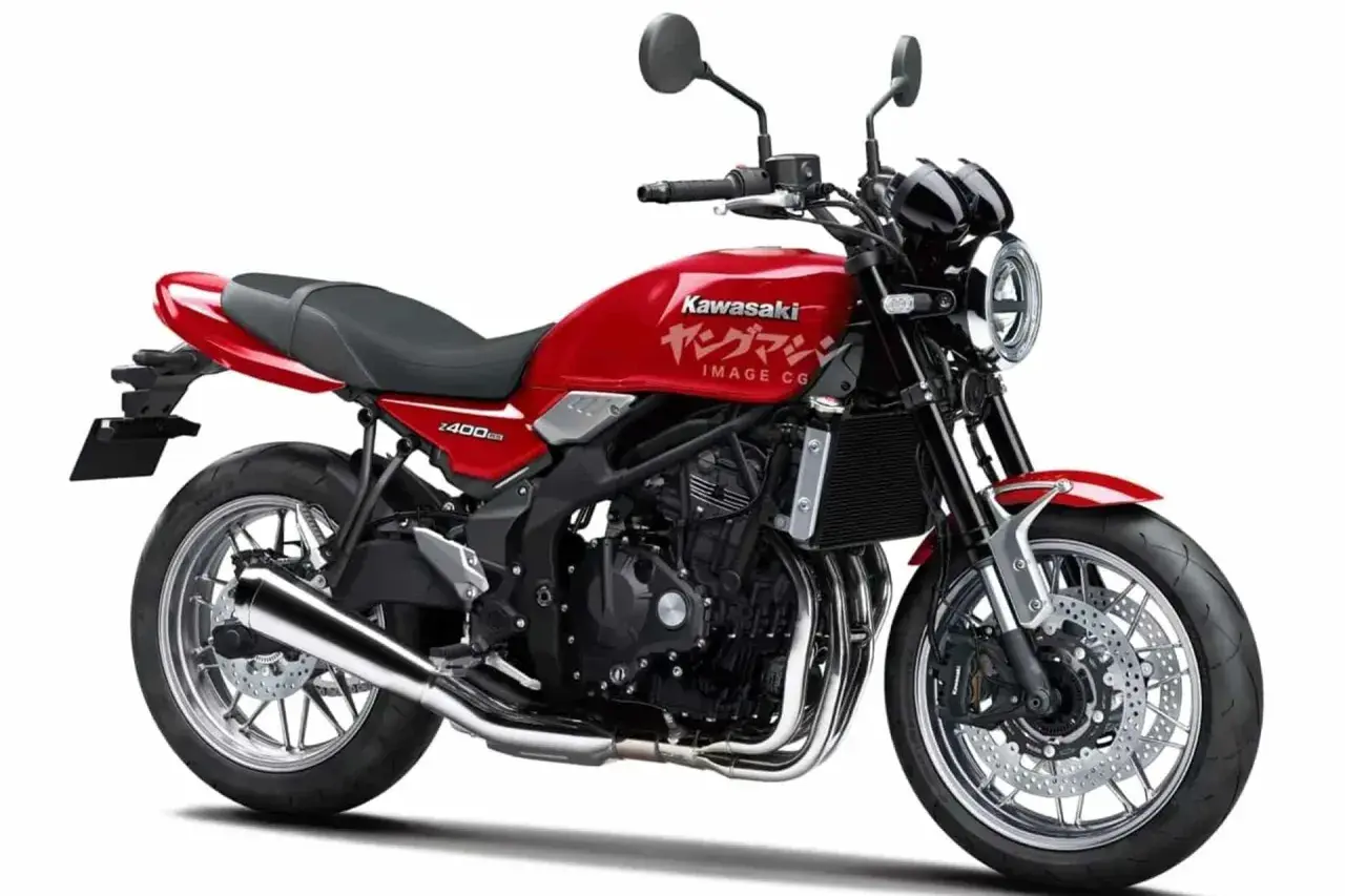 Motocicleta Kawasaki Z400RS roja, estilo retro, con detalles cromados y motor expuesto.