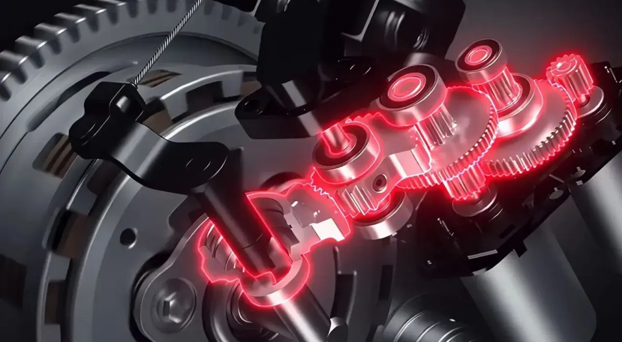 Mecanismo interno de un e clutch Honda, con engranajes y componentes metálicos iluminados en rojo.