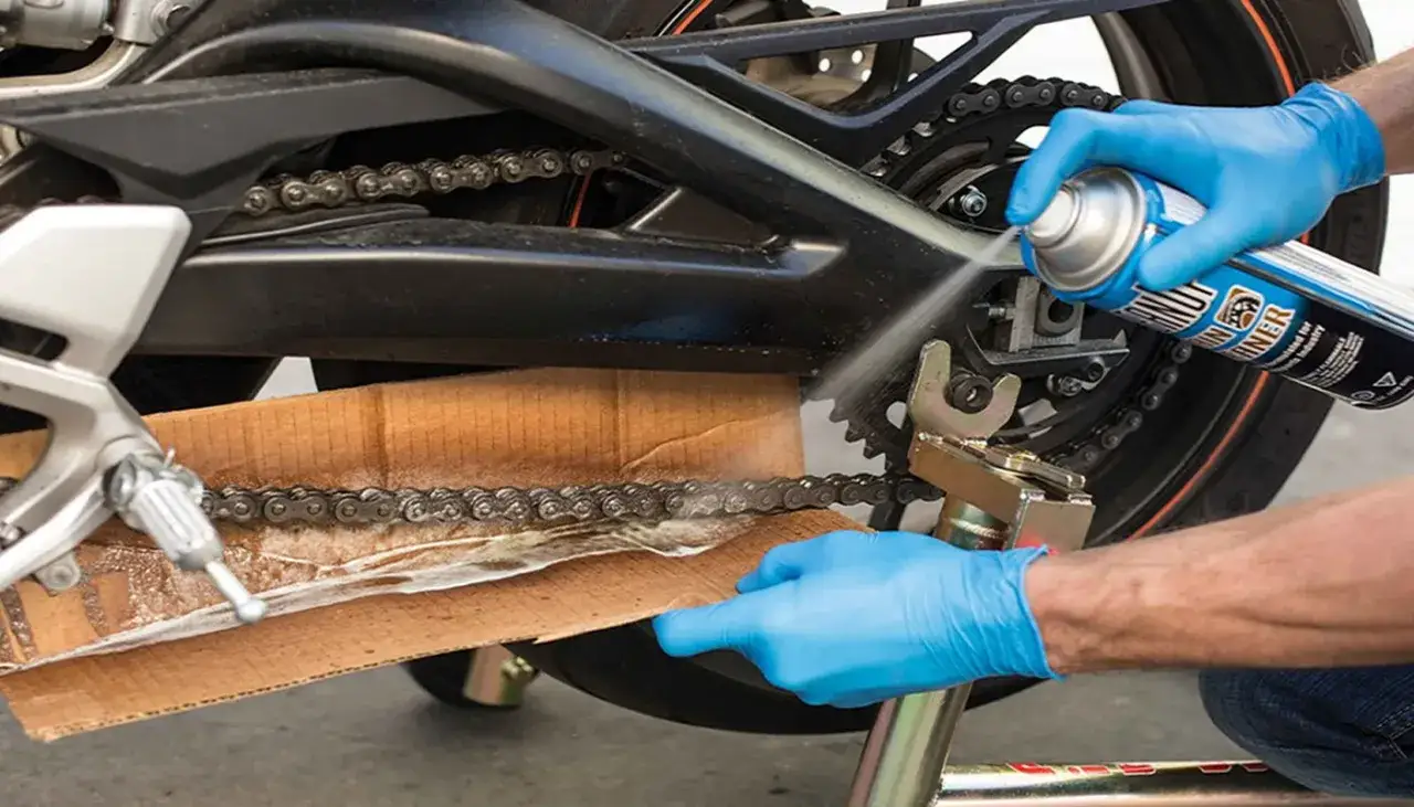 Limpieza de la cadena de moto como parte del mantenimiento. Guantes azules protegen las manos al rociar limpiador.