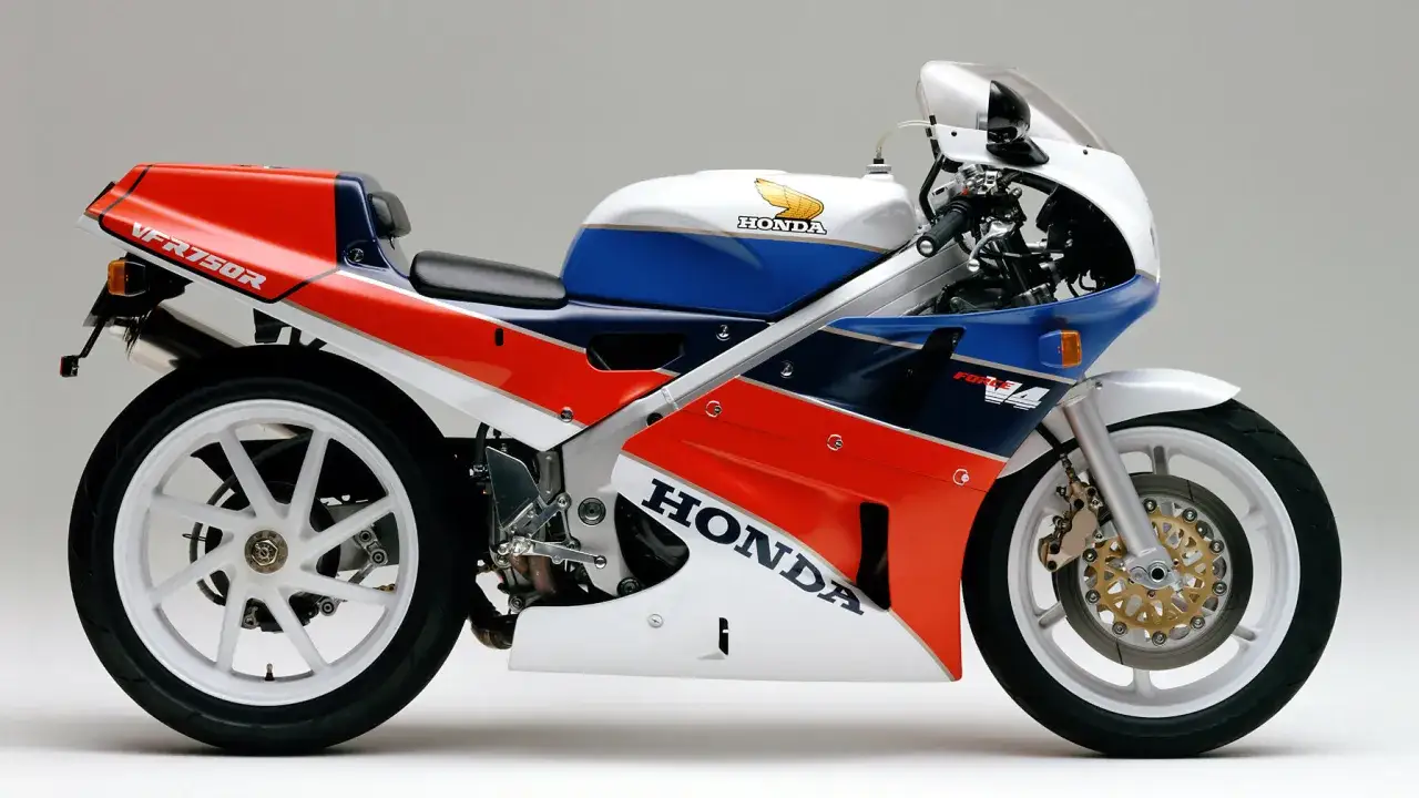 La icónica Honda RC 30, una leyenda de las carreras VFR750R, luce sus colores rojo, blanco y azul.