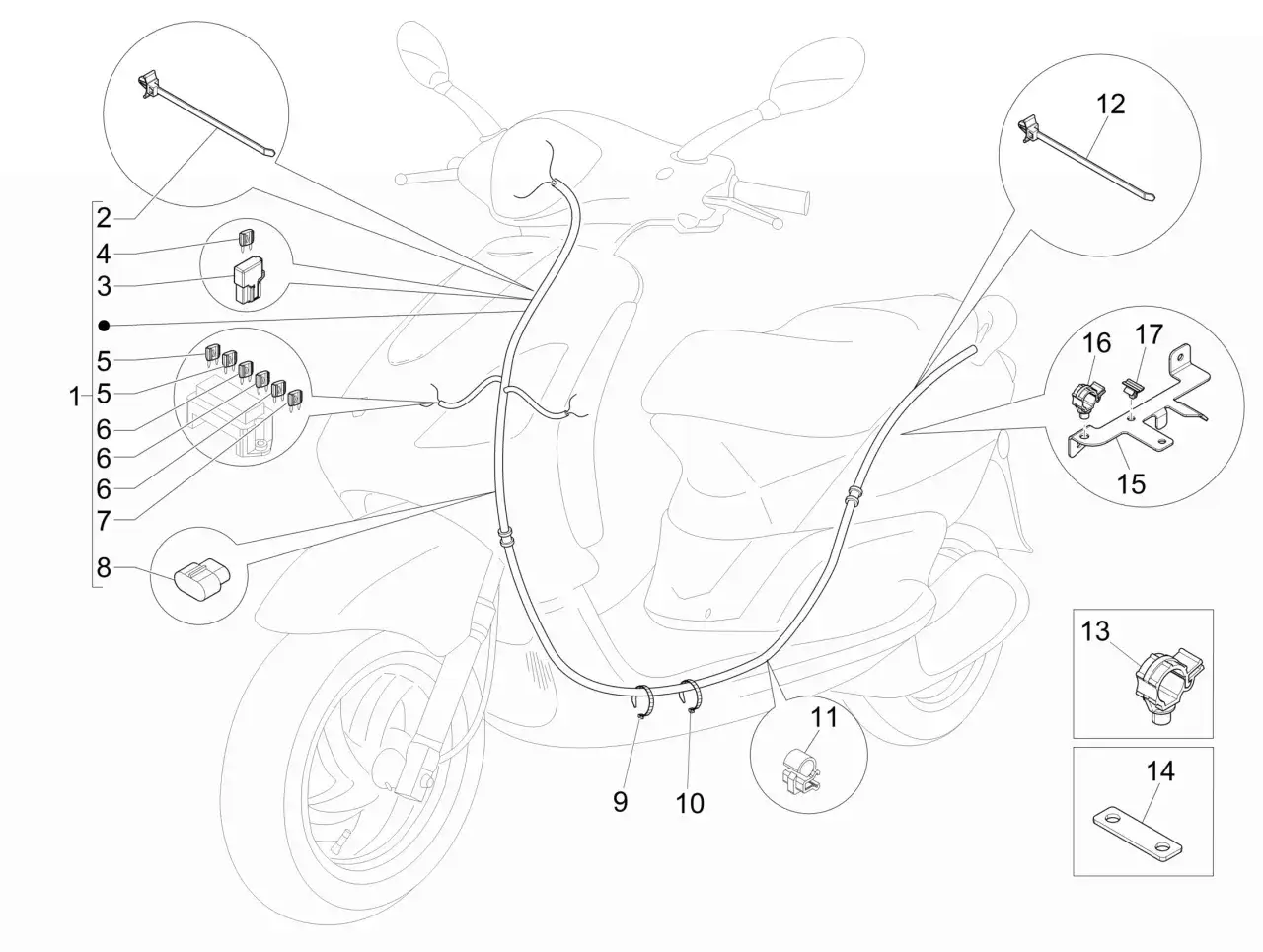 Diagrama de cableado de Piaggio Liberty 125, mostrando fusibles y conectores.