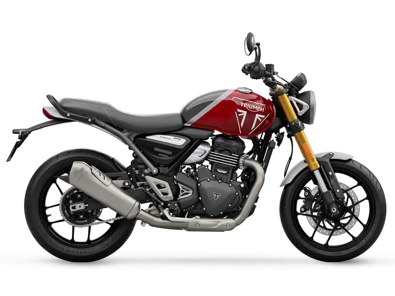 Motocicleta Triumph Speed 400 en rojo y gris. Consulta la ficha técnica para conocer sus detalles.