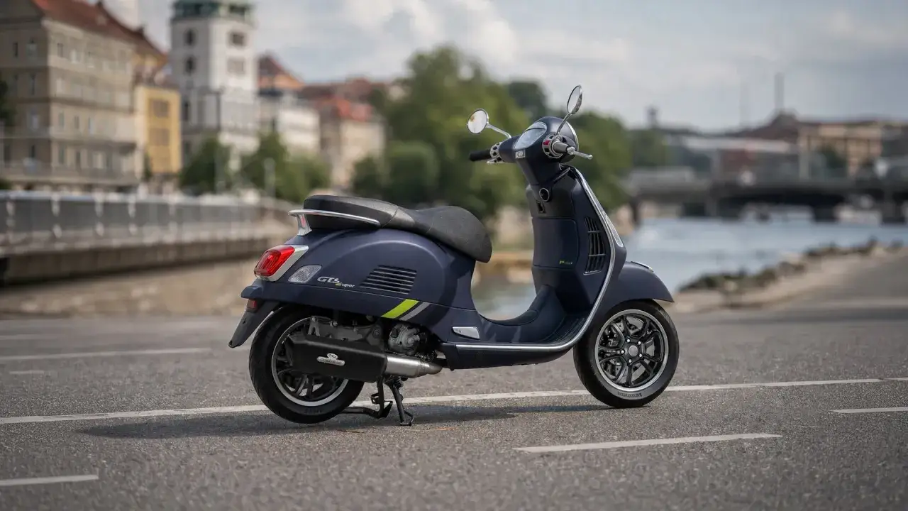 Vespa GTS 300 azul marino aparcada en una calle con edificios y un río al fondo.