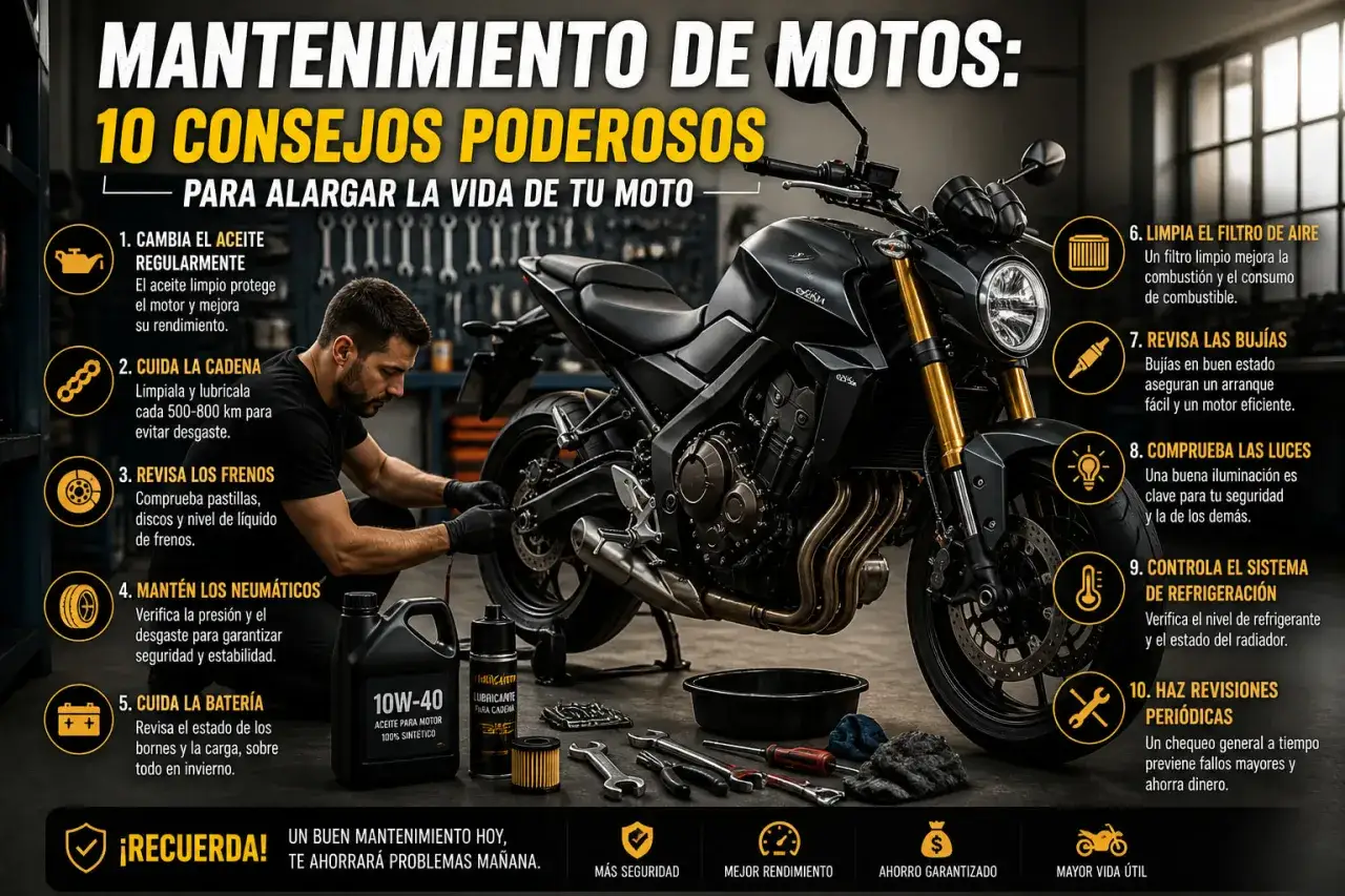 Un mecánico revisa una moto, destacando la importancia del mantenimiento y el sistema de alimentación para su buen funcionamiento.