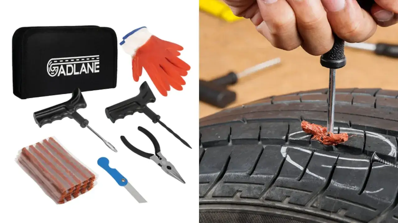 Kit para arreglar pinchazo moto: herramientas, parches y guantes. Mano insertando un parche en un neumático.