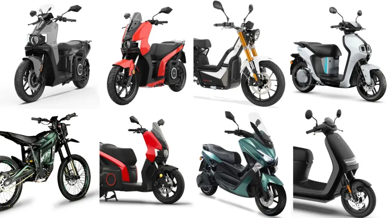 Ocho modelos de moto automática, de diversos colores y estilos, desde scooters urbanos hasta motos de cross eléctricas.